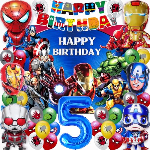 33 unidades balões de aniversário, decoração de aniversário heró, balões de aniversário, feliz aniversário decoração com tecido de fundo e bandeira, meninos e meninas 5 anos decoração festa balões