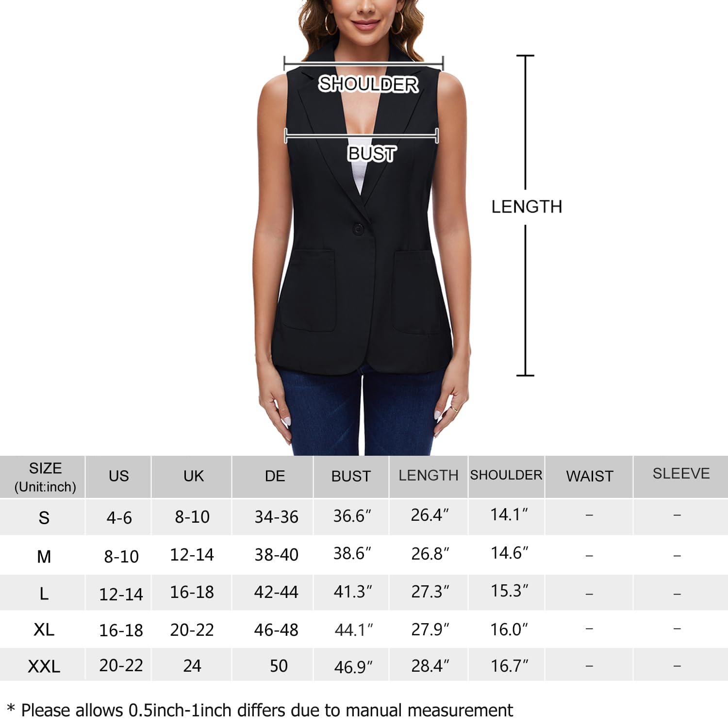 Blazer senza maniche da donna, gilet lungo da ufficio, completamente foderato, con un bottone, con risvolto dentellato