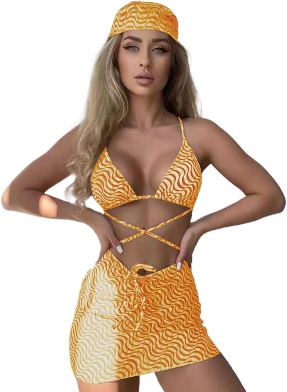 3PCS Stripes Print Bikinis with Skirt Beach Equipment Womens Triangle Swimwear Low Waist Bathers Female Swimsuit