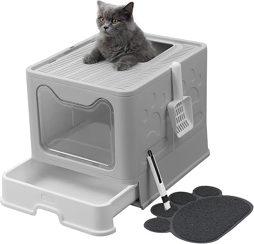 UIMNJHUKE Caja de arena para gatos con tapa gran caja de arena plegable con alfombrilla para gatos cucharada de arena cepillo de limpieza