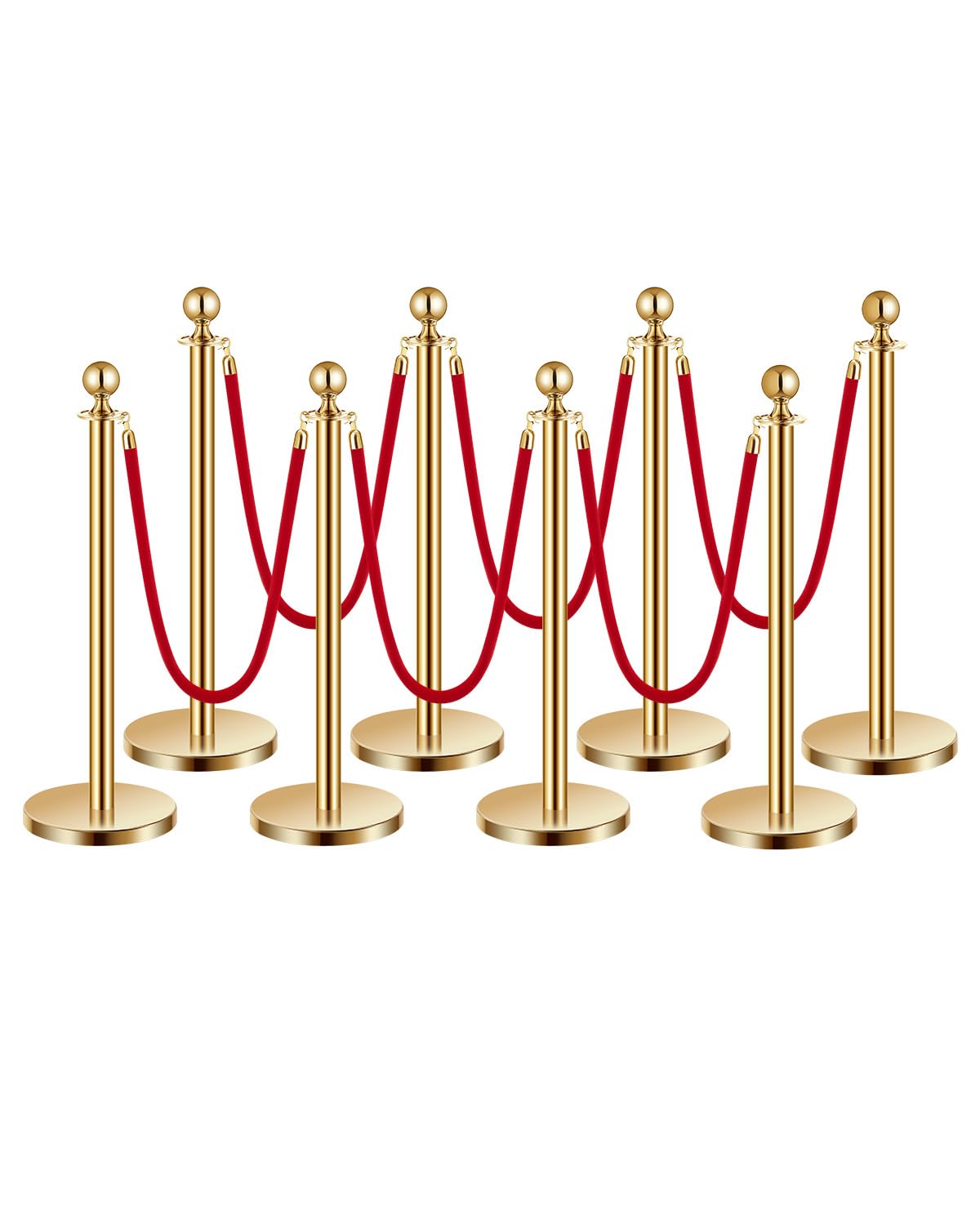 VEVOR Stanchions and Velvet Ropes 8Pcs, Hollow Base with Stainless Steel Post, 6 Red Velvet Ropes and Posts, Crowd Control Barriers Gold Stanchions, Red Carpet Runner Poles for Party Supplies