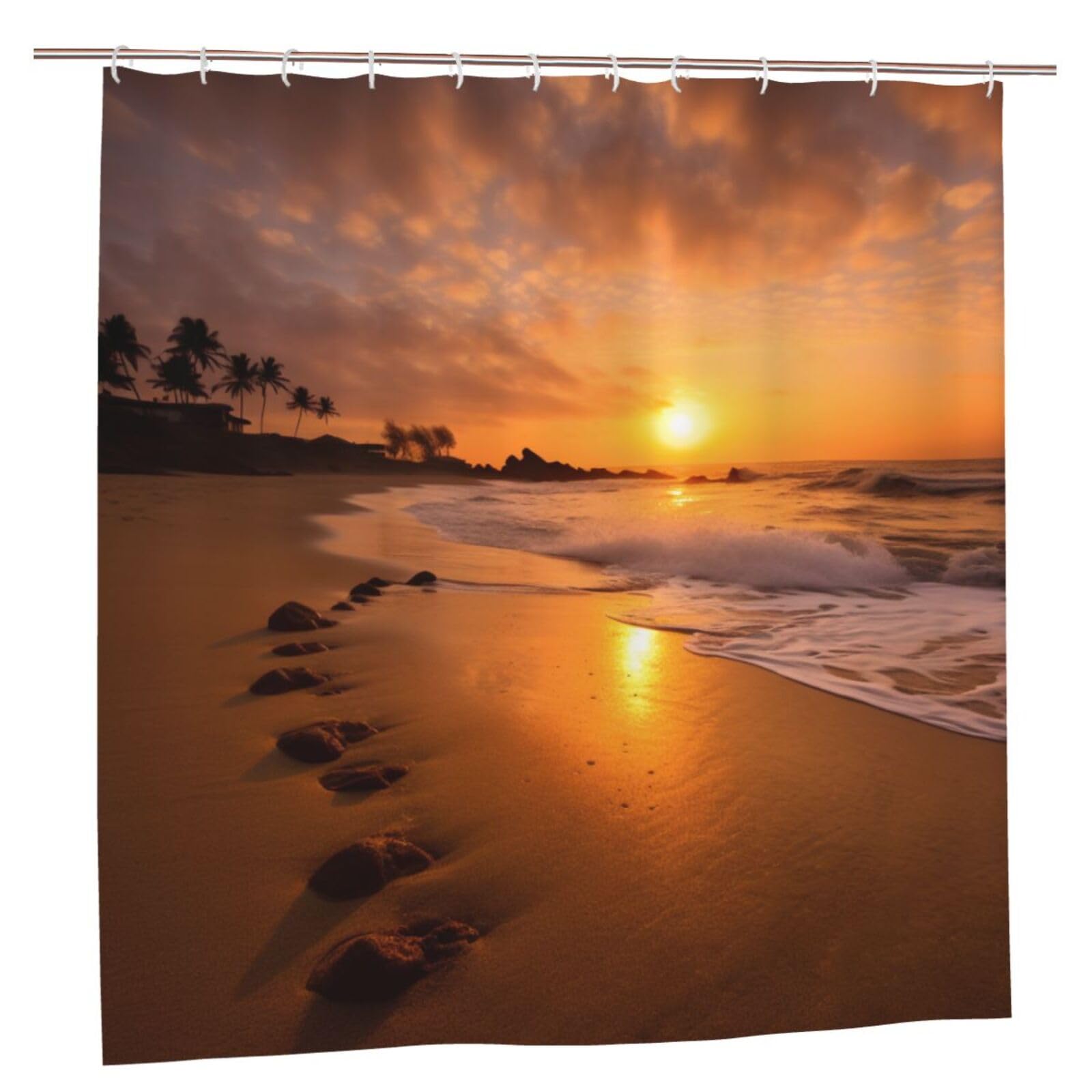 BWWHCCTI Beach Sunset Printed Shower Curtain With 12 Plastic Hooks Opaque Quick Drying Waterproof Shower Curtains Sets For Bathroom 183x183 CM