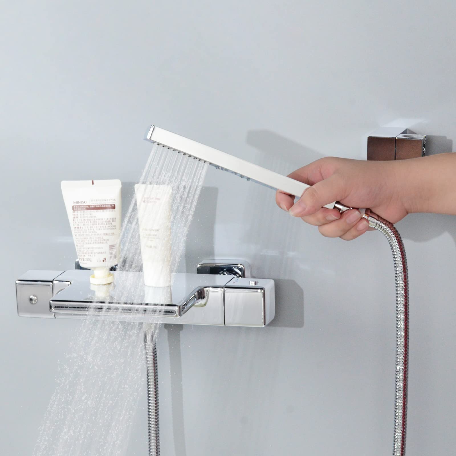 SHANFO Grifo de Bañera Cascada Con Termostatico de Ducha Montado en la Pared Grifo Grifo de Baño Mezclador Cromo 4Y1OK
