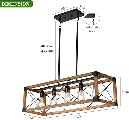Miniatura 6 de Lámpara de comedor, Lámpara de granja, Iluminación de isla de cocina, Lámparas colgantes rústicas de 5 luces, Luces de isla de madera de campo