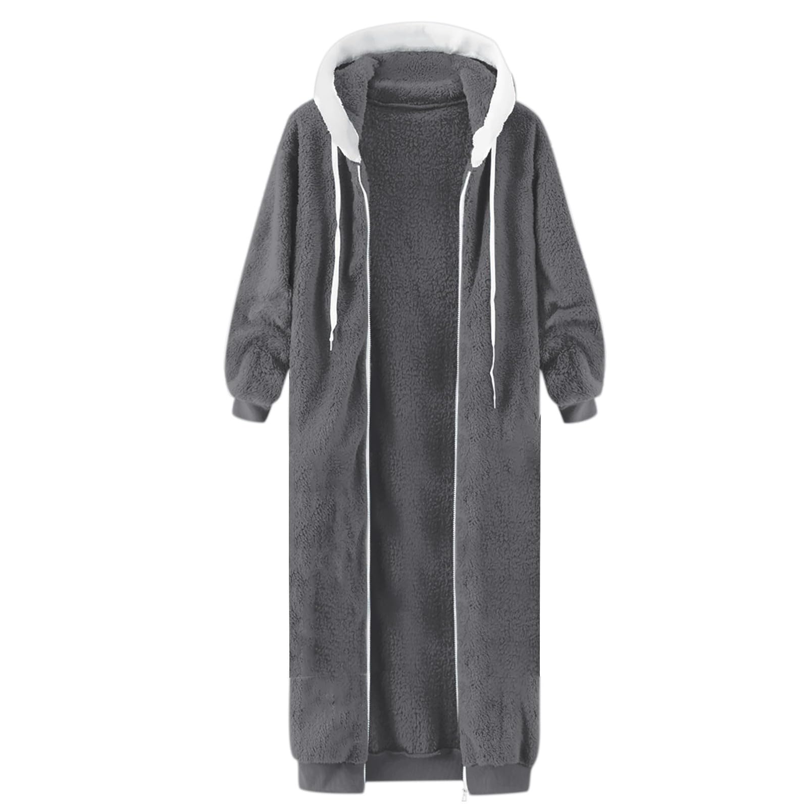 Generisch Fleecejacke Damen Lang Teddyjacke Mit Kapuze Wintermantel Warm Elegant Mantel Mit Reissverschluss Damen-Mäntel Locker Plüschjacke Einfarbig Plüschmantel Langarm Flauschjacke Winddicht