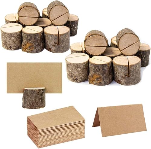 20 soportes para números de mesa de madera rústica y 30 tarjetas de lugar de mesa de papel de estraza para colocar tarjetas de lugar de madera para