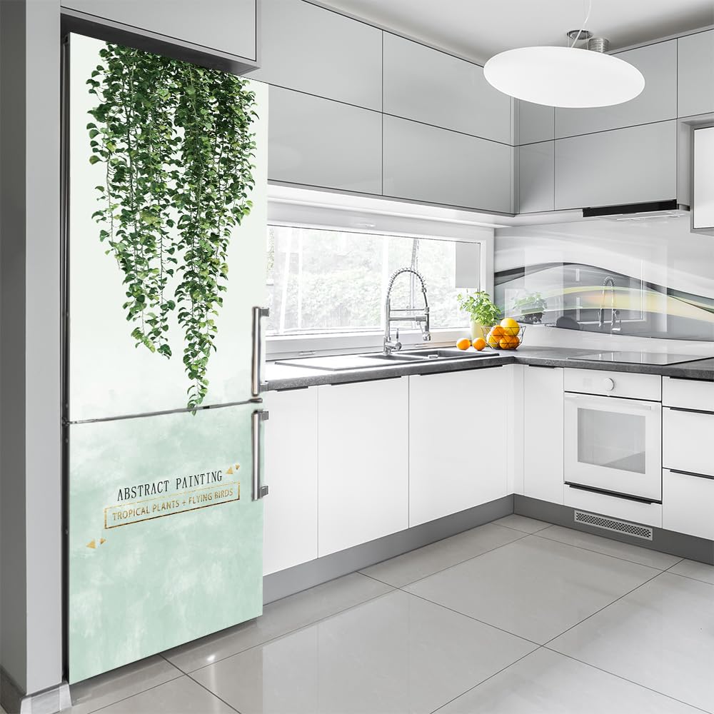 Adesivi per frigorifero decorativi 3d, adesivo per frigorifero che copre completamente la porta del frigorifero copre adesivi murali per decalcomanie da cucina, pianta con foglie verdi