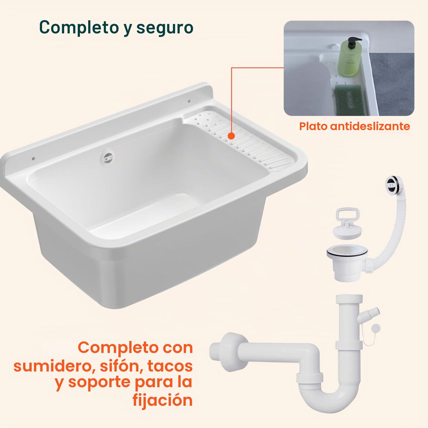 Avilia Lavadero de exterior – Lavabo de pared para lavar ropa a mano, ideal para jardines, terrazas, camping, con superficie antideslizante, de resina, 50 x 35 x 24 cm, blanco