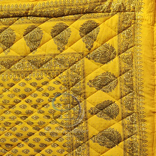 Image of Jaipuri Razai Single Bed Gold Print with Computerized Quilting Use as Soft and Breathable Cotton Comforter Quilt Rajai Blanket Dohar Size 55X85 inch Yellow Pack of 1