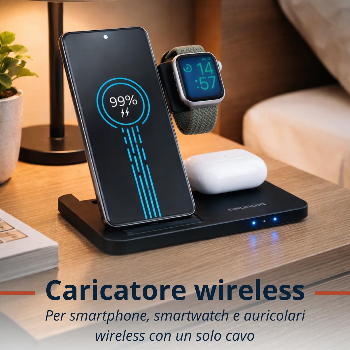 Grundig Caricabatterie wireless 3 in 1 - Stazione di ricarica rapida per smartphone, smartwatch, auricolari - Caricatore wireless per iPhone e Samsung - Wireless Charger - Design pieghevole