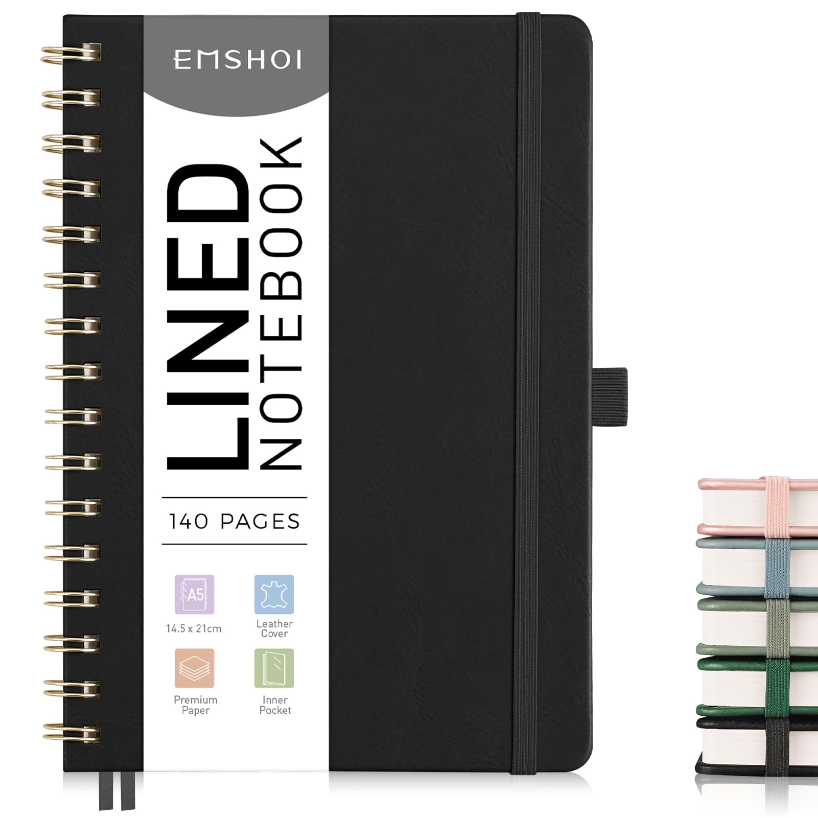 EMSHOI A5 Notebook Lined Journal, 100gsm, PU Leather Hardcover, Sticky Notes, Pocket, Pen Loop, Ruler, Bookmark, 140 Pages Ruled Spiral Notepad for Women Men Writing, 14.5 x 21cm, Black