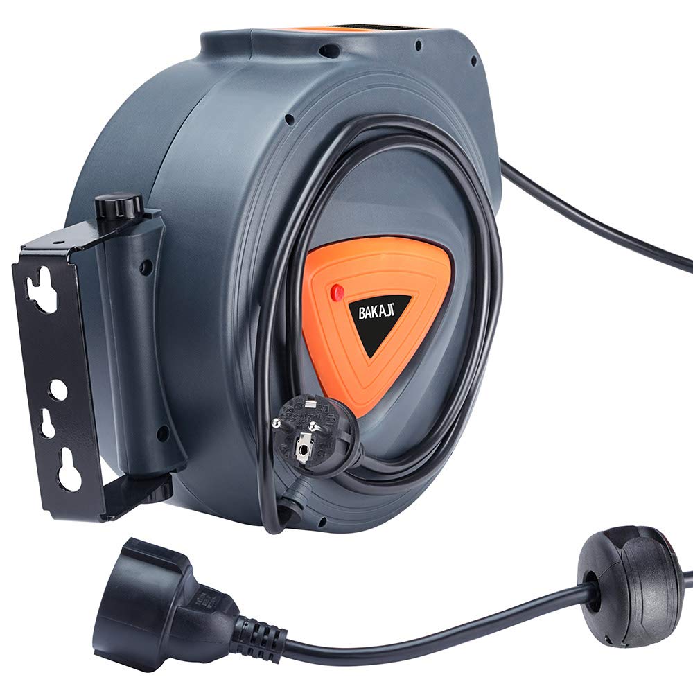 Bakaji Avvolgicavo Elettrico con Cavo 15 mt Presa Shucko Fissaggio a Parete Muro Sistema blocco automatico, Salvaspazio Accessorio Avvolgitubo Prolunga Elettrica Professionale e Fai da Te