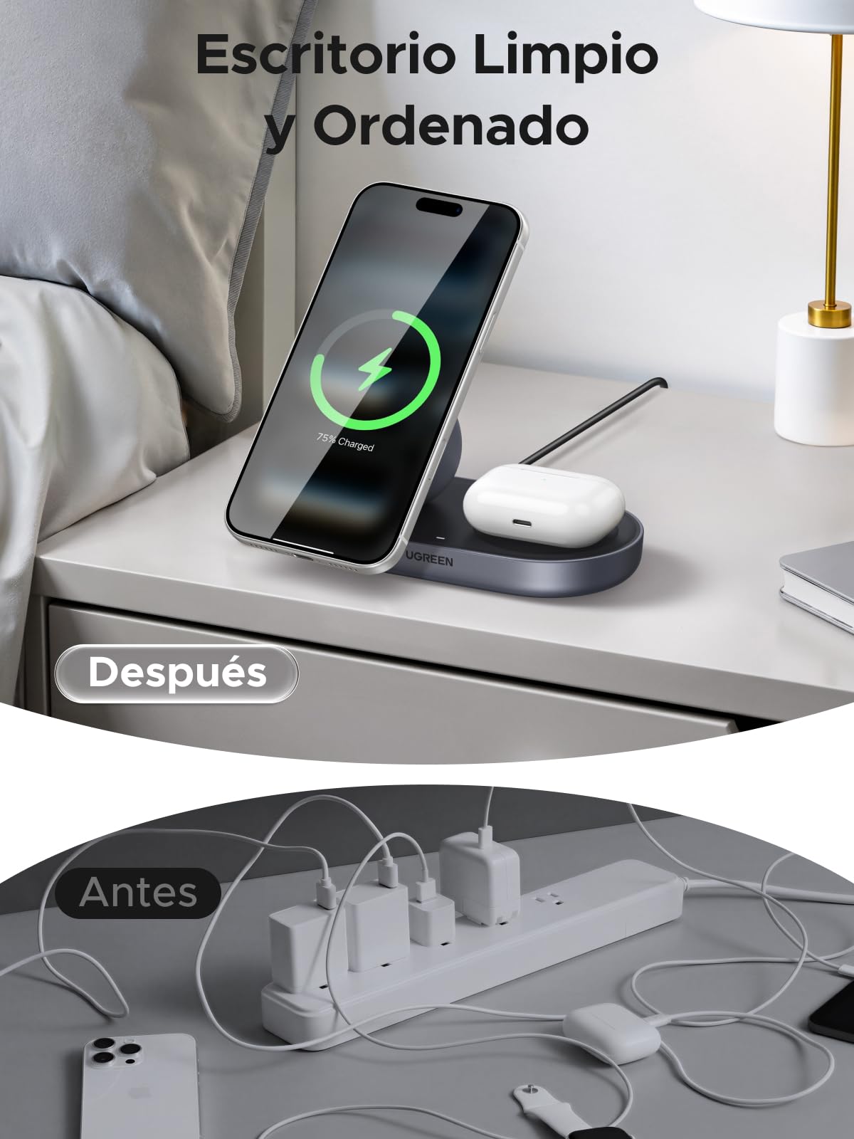 UGREEN Zapix Cargador Inalámbrico iPhone, Qi2 25W Carga Rápida, 2 en 1 Base de Carga sem Fios Magnético Compatible con Magsafe iPhone 17 16 15 14 13 12 Pro MAX Air Plus AirPods (Negro)