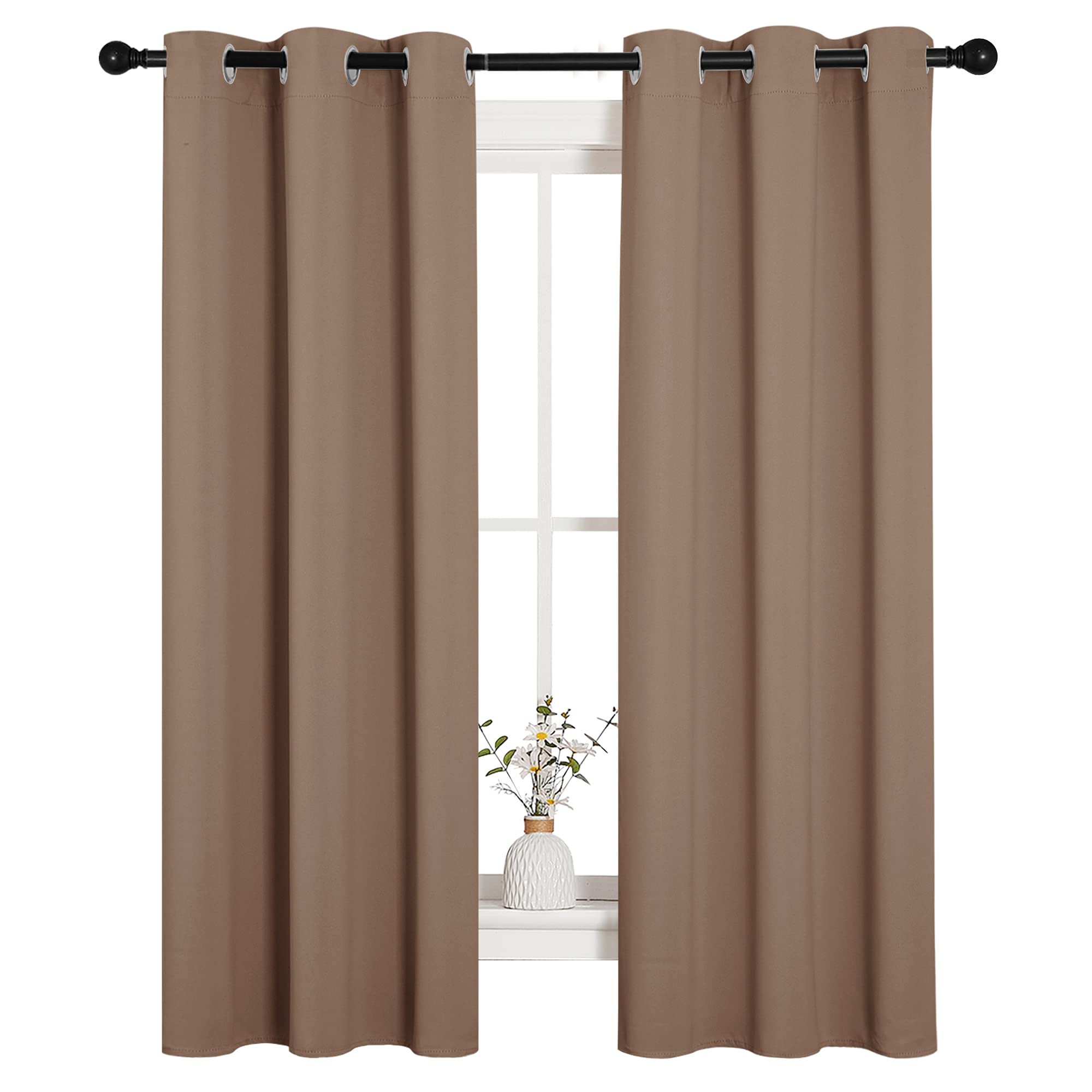 NICETOWN Blackout Window Curtains and Drapes for Kitchen, Window Treatment Thermal Insulated Solid Grommet Blackout Drapery Panels (Set of 2 Panels, 34 by 63 Inch, Cappuccino)