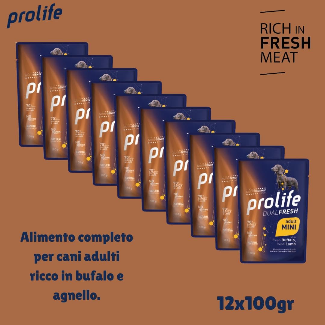 Prolife Umido Cane Dualfresh Adult Bufalo e Agnello, alimento completo per cani adulti di tutte le taglie,gusto Bufalo e Agnello | 12 bustine da 100 grammi l’una.