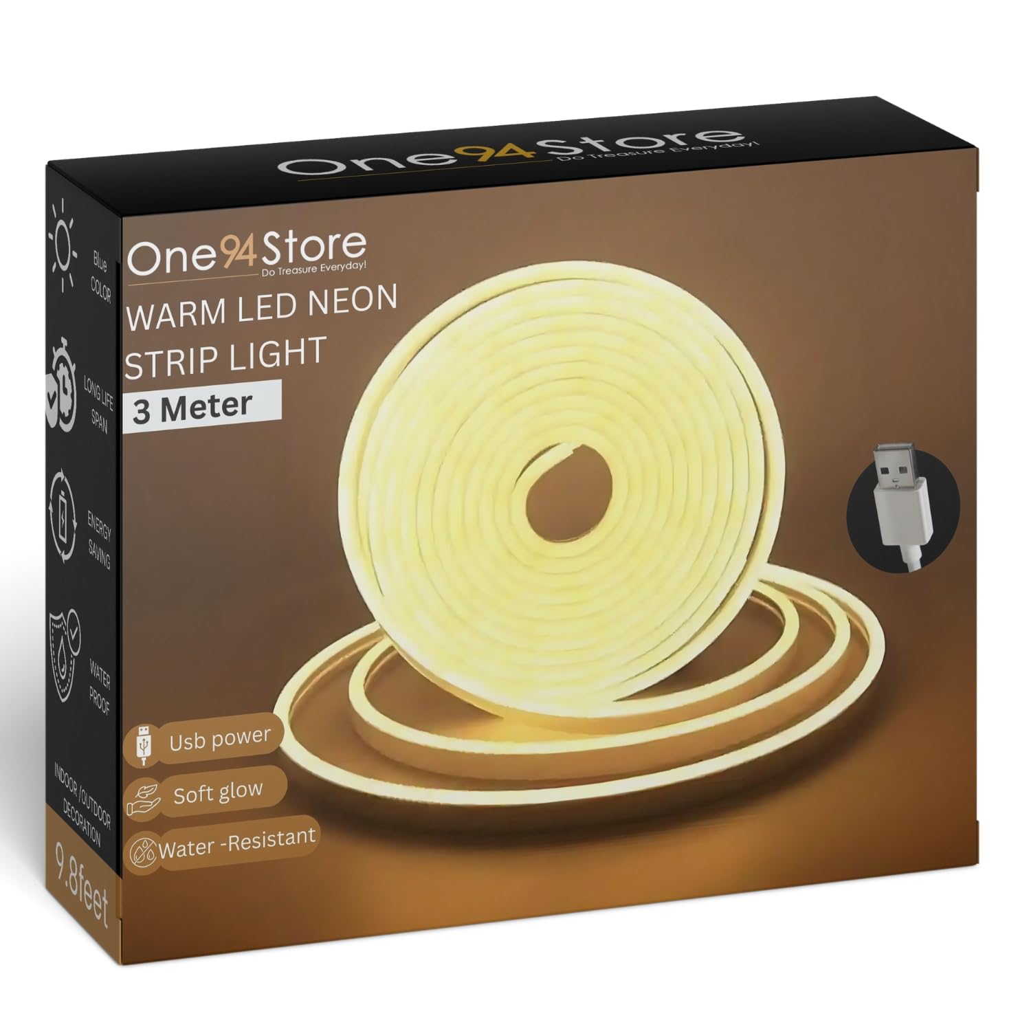 One94Store LED Neon Strip Light 3M – USB Powered, Flexible Waterproof Rope Light DC 5V with Button Switch | Ambient LED Lighting for Home, Bedroom, DIY Decor, Party & Gaming Room (Warm White)