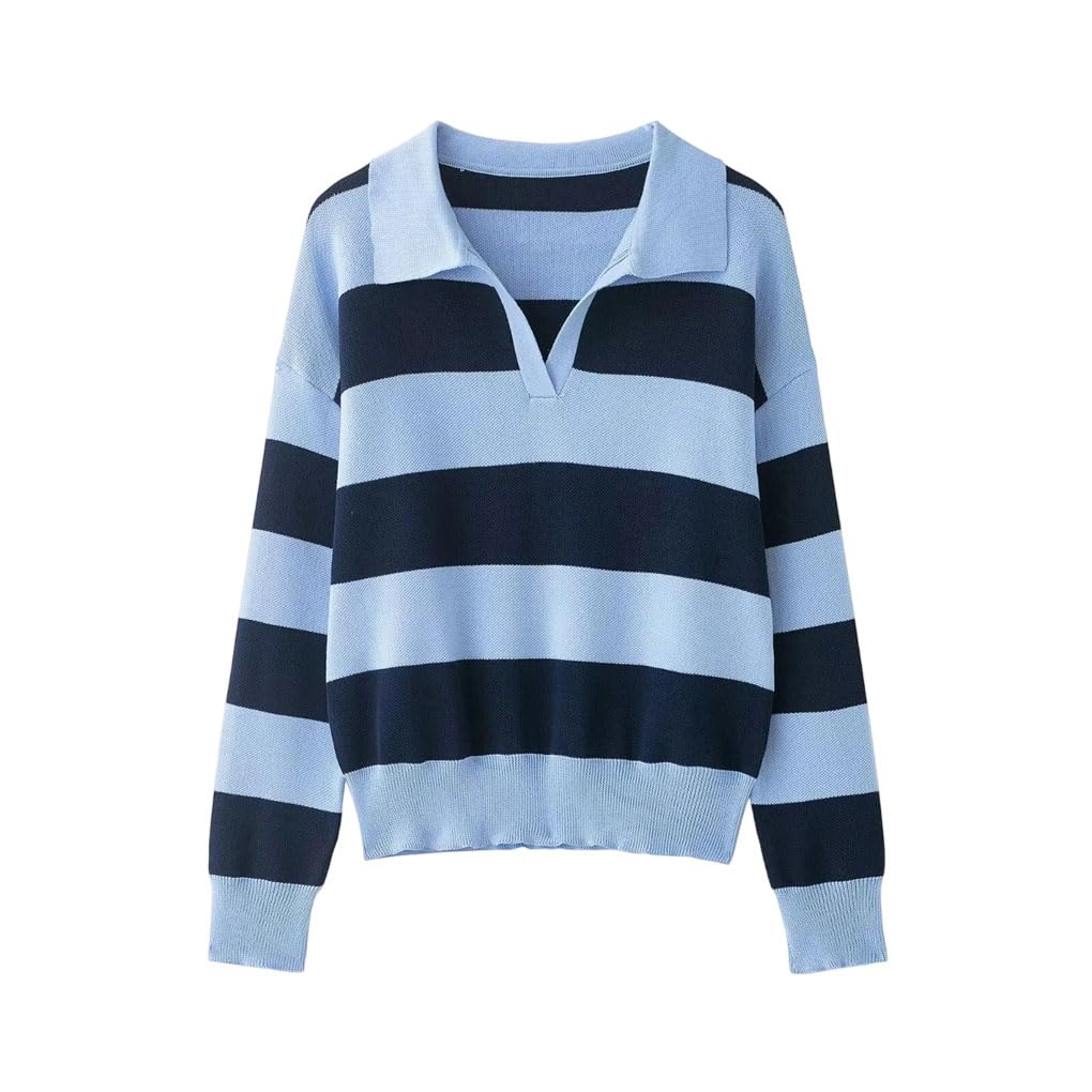 Womens Lapel Loose Striped Pullovers Knitted Sweater
