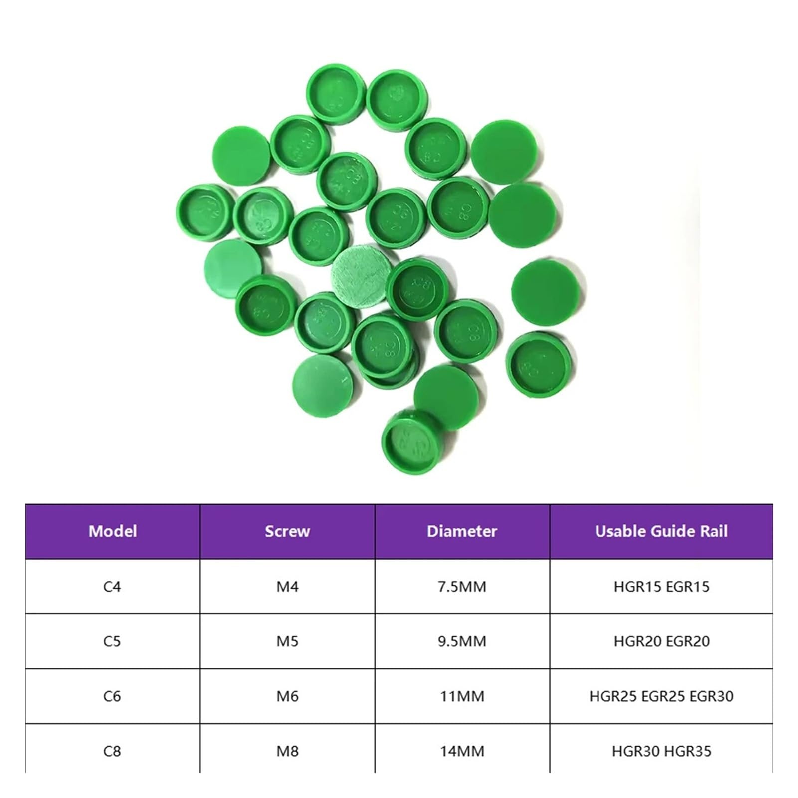 50 tapones de plástico verdes para guías lineales HGR15 HGR20 HGR25 HGR30 HGR35 piezas CNC M4 M5 M6 M8(HGR25 EGR25 EGR30)