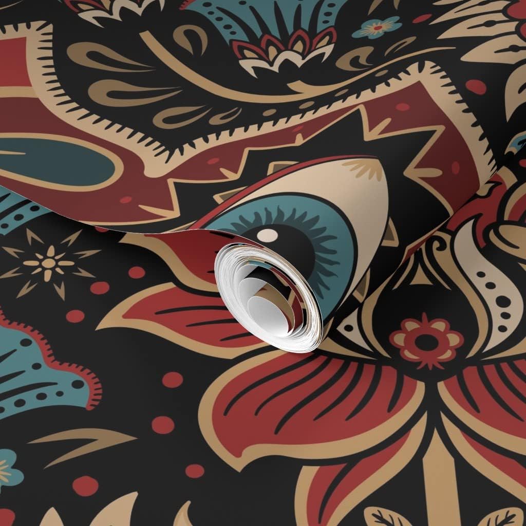 Spoonflower Removable Wallpaper 3ft x 2ft - Maximalist Folk Damask Mystical Eye Vintage Gold Red Blue Gothic Folklore Flowers Custom Pre-Pasted Wallpaper