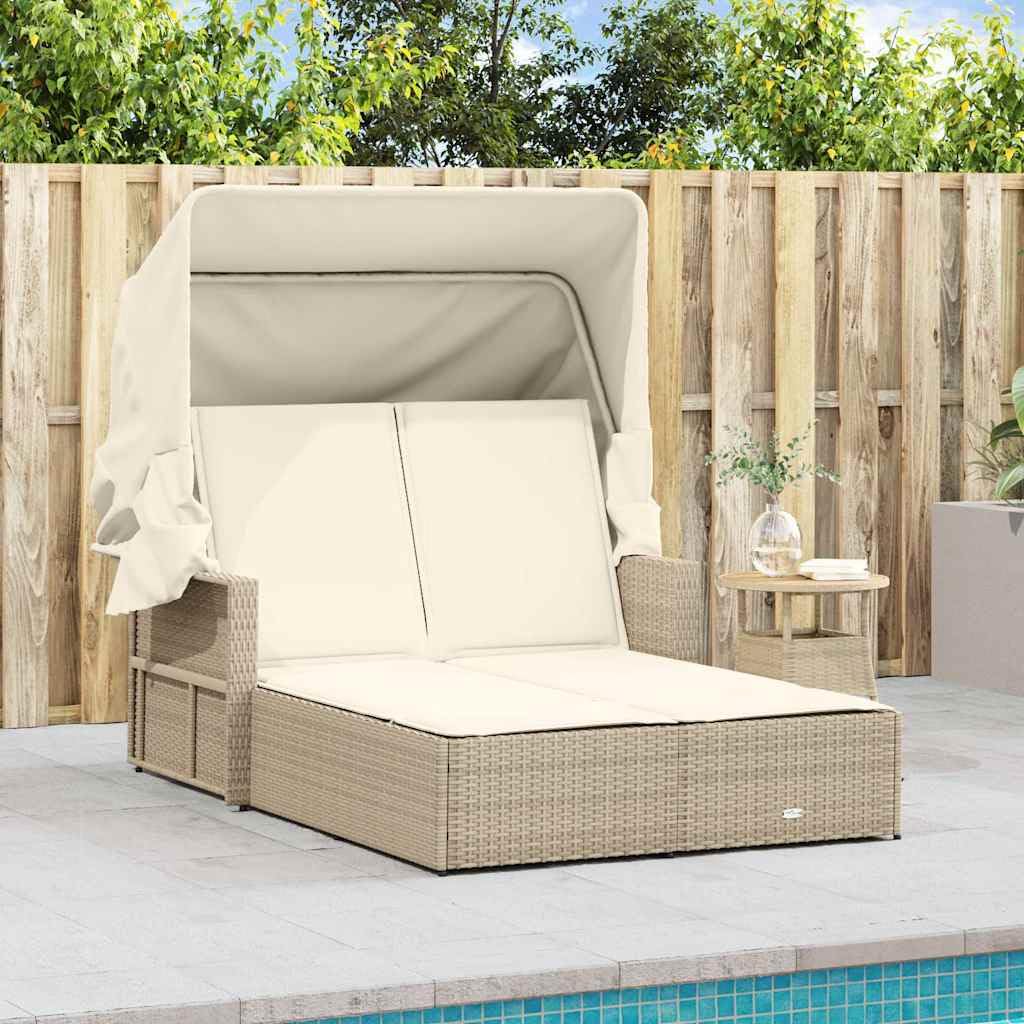 Chaise longue double avec toit pare-soleil en polyrotin - Beige