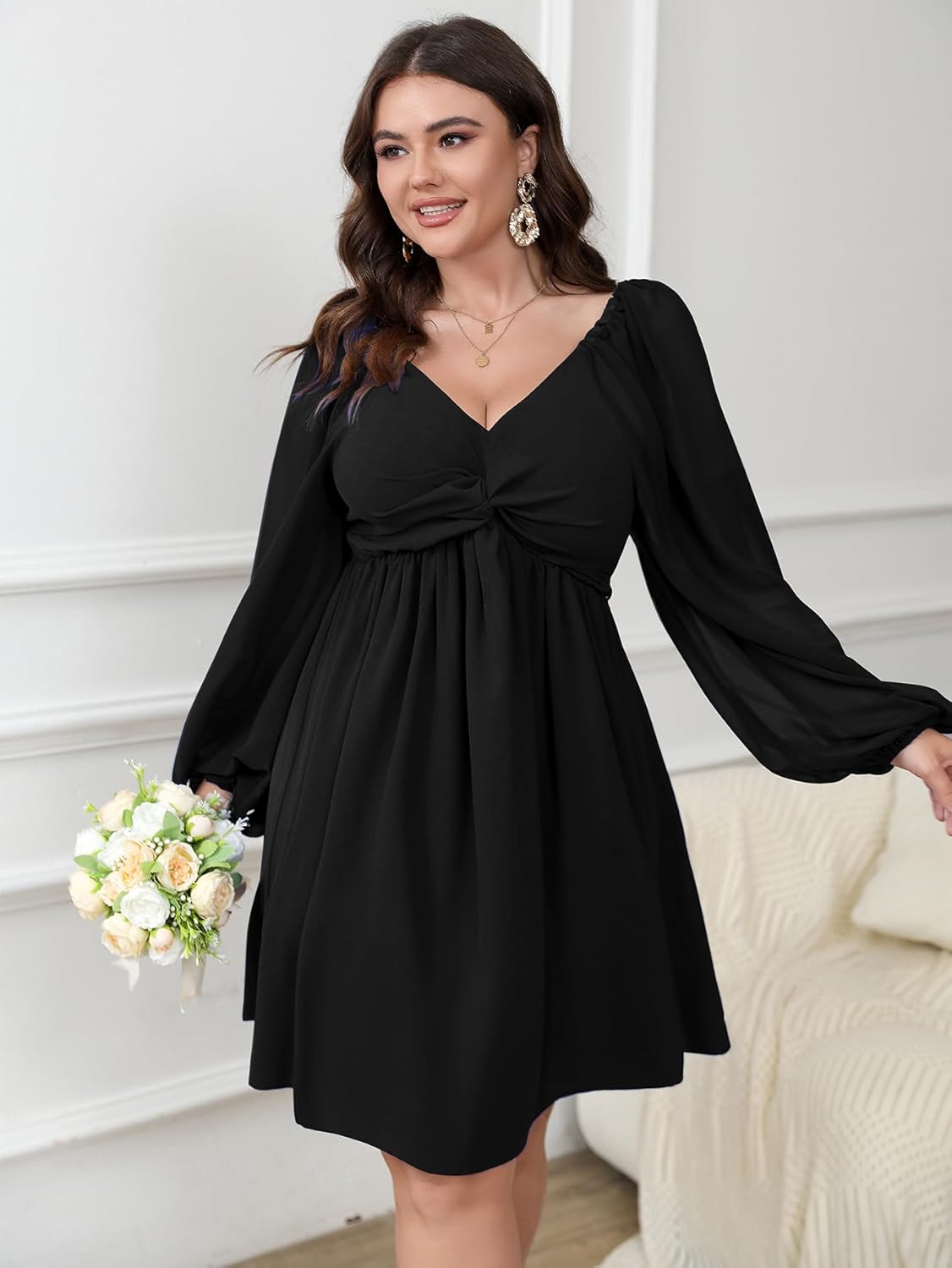 SCOMCHIC Women's Plus Size Puff Long Sleeve Dresses Sweetheart Neckline A Line Short Wedding Guest Cocktail Dress - Image 4