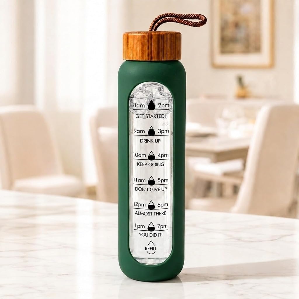 Glass Water Bottle 1 Ltr with Protective Silicone Cover Borosilicate Glass Airtight, Leak-Proof Bamboo Lid,BPA-Free, Eco-Friendly,Reusable for Gym/Travel/Office/Home |Time Marker, Motivational (Green)-image-4
