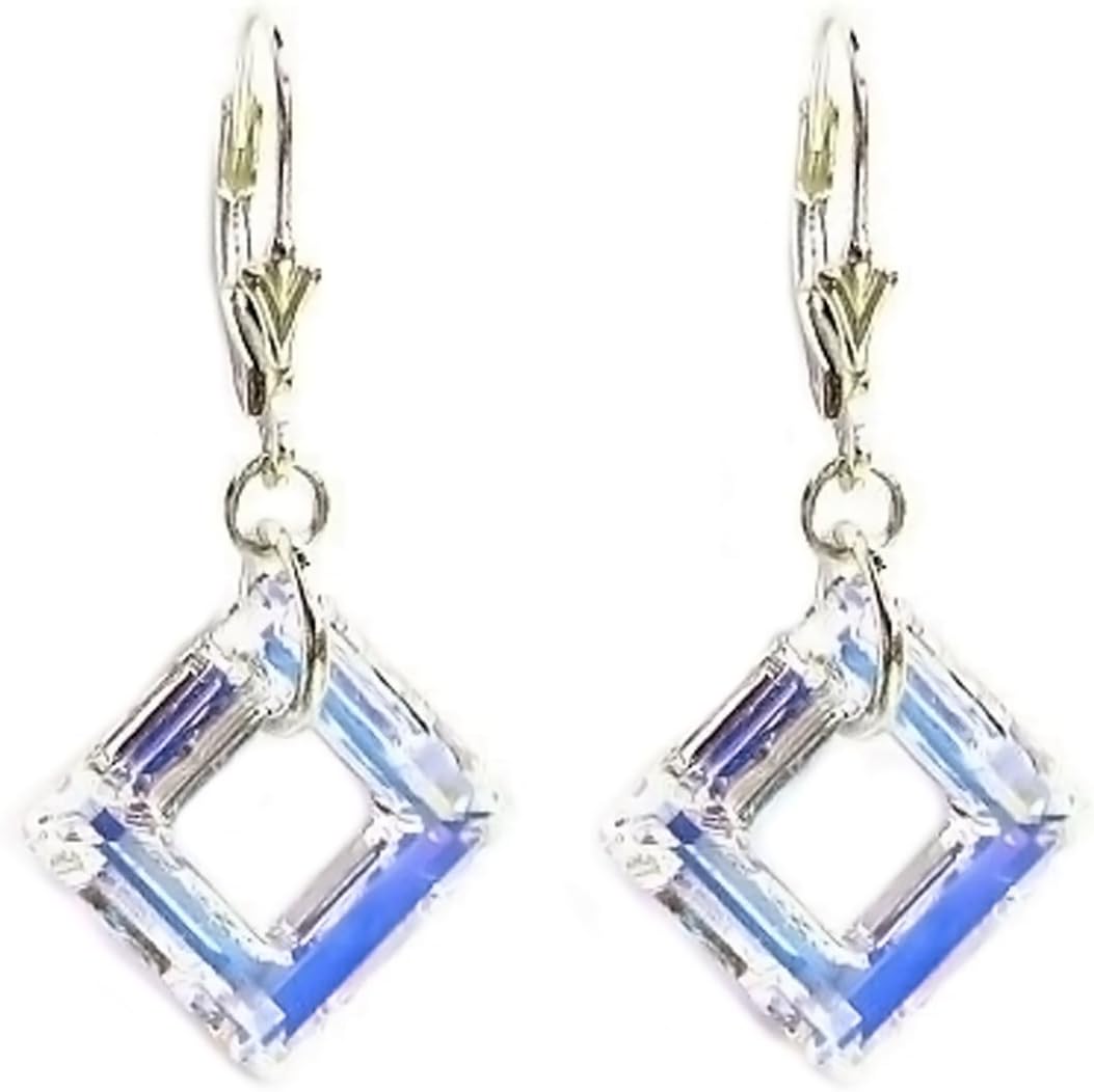 Austrian Elements Crystal Square Sterling Silver Leverback Dangle Earrings (1.5 in)