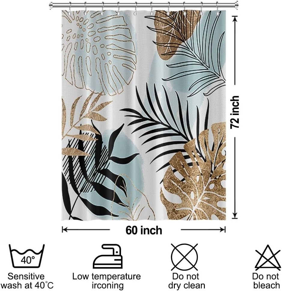Boho Shower Curtain Set for Bathroom Waffle Abstract Baby Blue Gold Tropical Palm Leaves Shower Curtains 60x72inches Farmhouse Stall RV Minimalist Waterproof Fabric Shower Curtain with Hooks