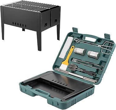 Portable Grill, Thickened Gridiron Campfire, Camping Grill with Multi Brushes Food Clip, Foldable Campfire Grill with Storage Box Bakeware Black