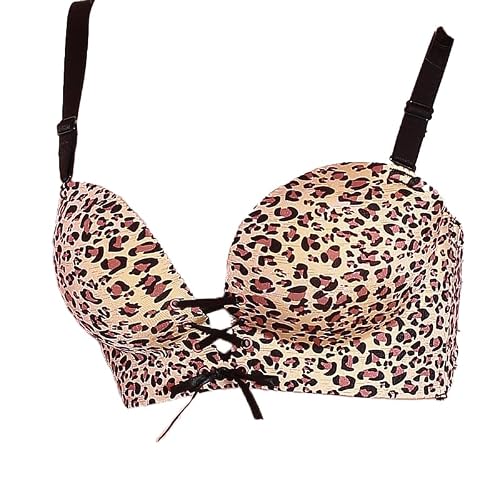 Image of MetJakt Women's Longline Bra with Lace-Up Detail, Adjustable Straps, Floral and Leopard Print, Padded Push-Up (Leopard Print,80B)