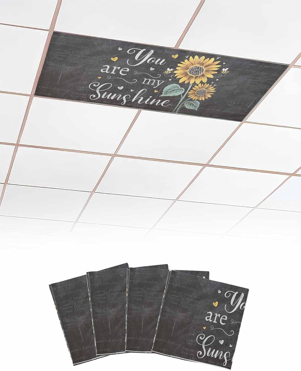 4 Pack Retro Sunflower Fluorescent Light Covers You Are My Sunshine Yellow Floral Farm Black Ground Magnetic Light Covers Fluorescent Ceiling Shade Filters for Classroom Office School Home 4 x 2 Feet