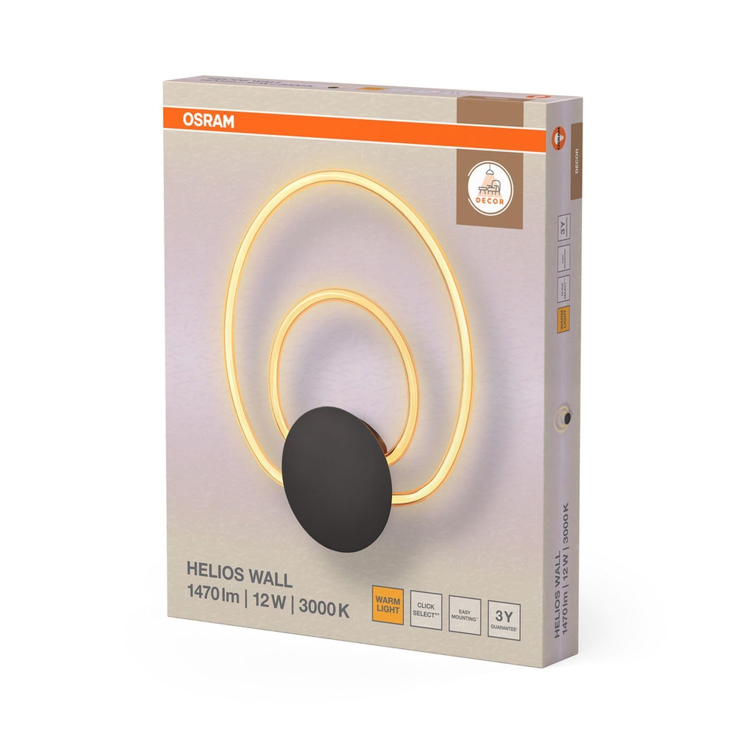Osram Decor Helios - Lampada da parete in policarbonato curvo con LED e filamento, con Click Select, 12 W, 960 lm, 3000 K, 830 bianco caldo, non dimmerabile, grigio scuro, plastica (PC), IP20