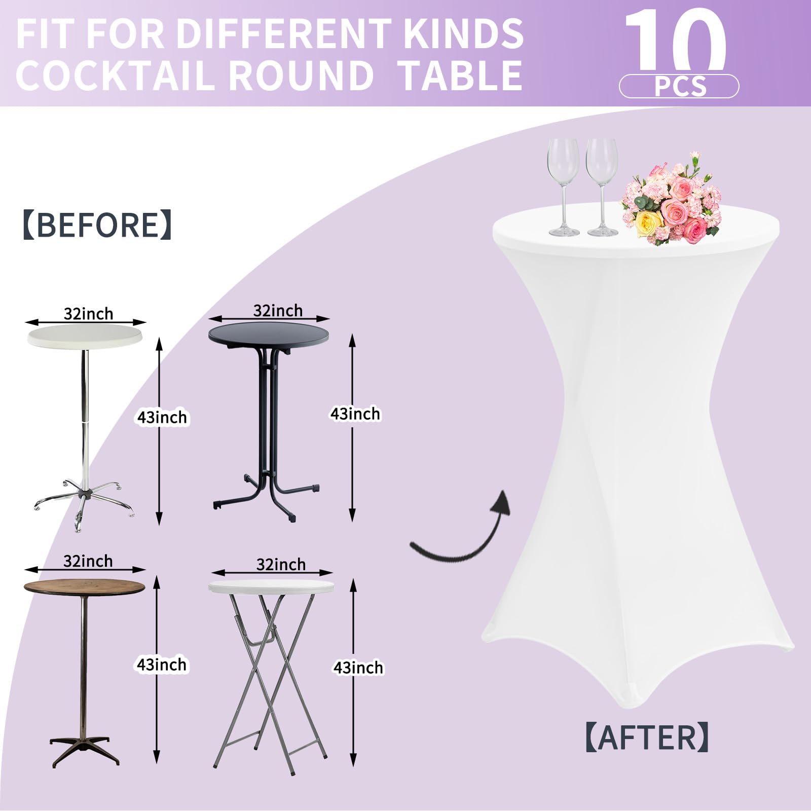 Juego de 10 fundas elásticas para mesas de bistró de 80 a 85 cm de diámetro, mantel elástico de elastano, refuerzo en la zona de los pies, para bodas, fiestas de cumpleaños, fundas para mesas altas y