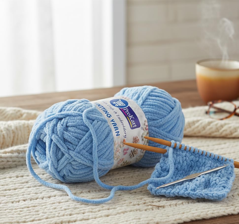Image of ProKart Premium Blankie Wool, Plush & Cuddly, Chenille Yarn Supersoft Hand Knitting Wool Ball | Blanket Thick /Mottu Yarn Ball Suitable for Hand Knitting and Crocheting for Baby, Adult, Sweaters, caps, Throws, Home Furnishing, Scarves, Blankets (Sky Blue-BLK019, 100gms x 1 Pack)