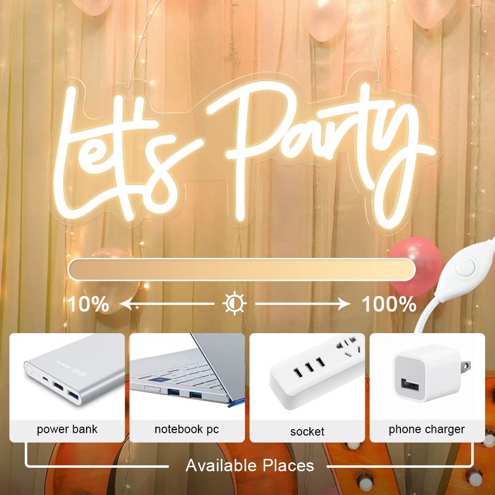 Lets Party Neon Sign for Party Decor, 17x7.5 Inches, Neon Signs Let's Party for Engagement, Birthday, Wedding Party, LED Neon Signs for Theme Parties, Warm White by DIVATLA