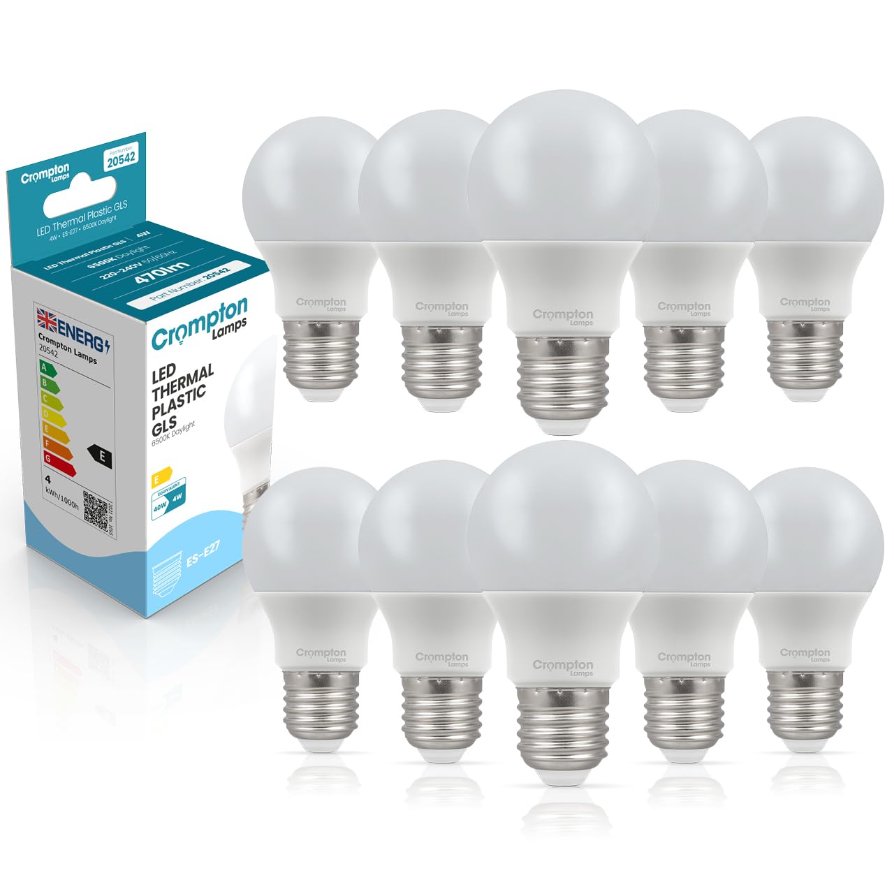 Crompton Lamps GLS LED E27 Bulb | 4W = 40W Equivalent | Daylight 6500K | Energy Efficient | Edison Screw Lightbulb | Long Life 15,000-Hrs | Dimmable Bulbs for Lamps | 10-Pack
