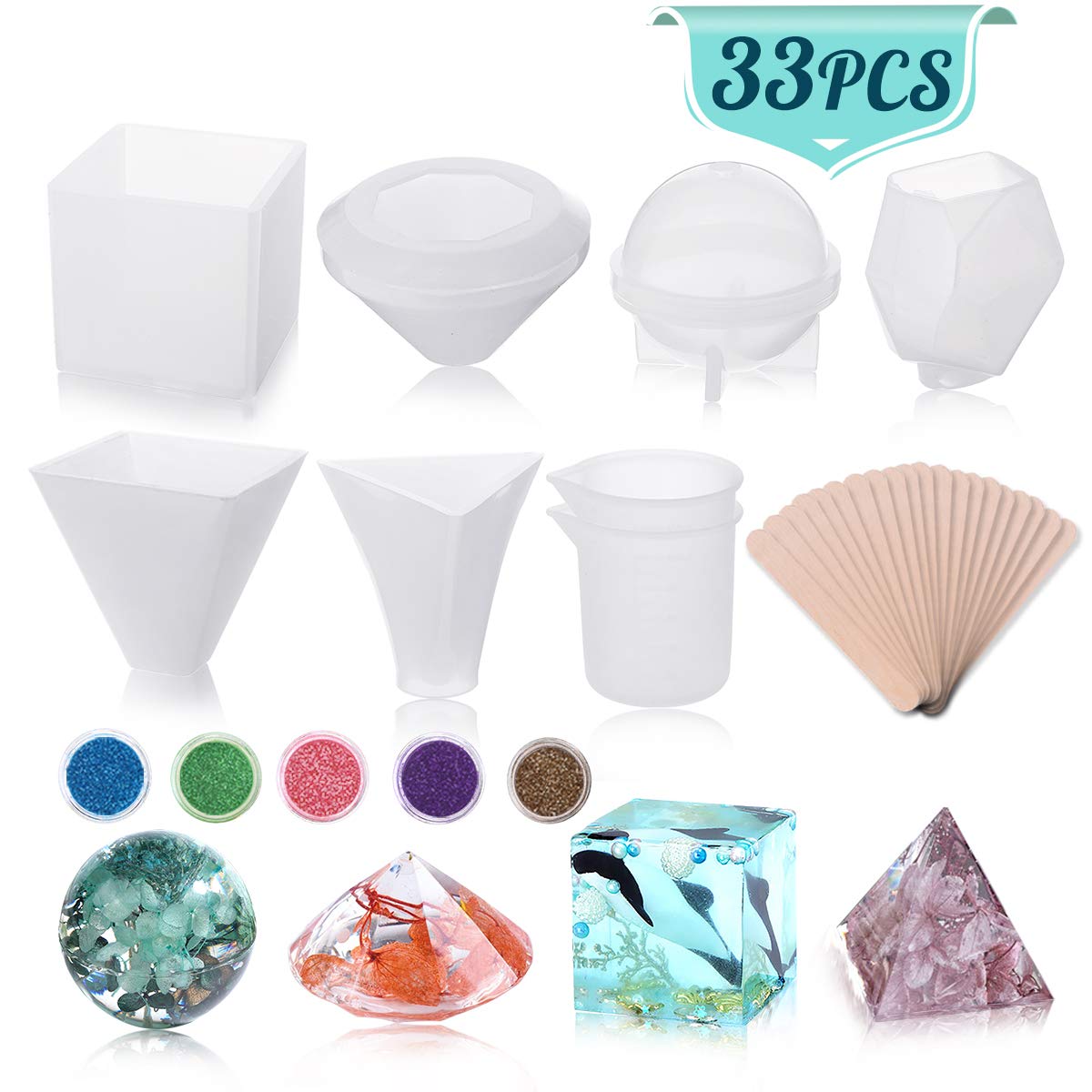 33 Pack Resin Molds Resin Silicone Casting Molds, Jeteven Epoxy Resin Mold Including Cube, Pyramid,Sphere,Diamond, Stone Resin Mold with 2 Pack Measuring Cups & Wood Sticks, Flash Powder