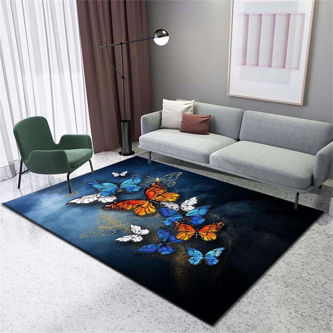Tapis de salon moderne lavable fini les sols froids et tristes papillon bleu 180x