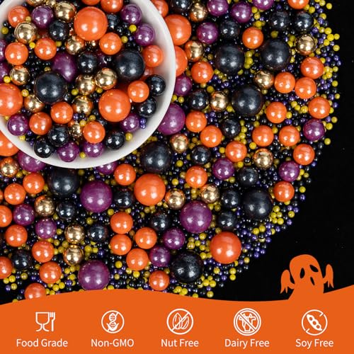 Image of Edible Pearl Sprinkles,130g Mixed Gold,Purple,Orange and Black Pearls,Perfect for Cake Decorations,Baking, Ice Cream,Cookies,Cupcake Topper