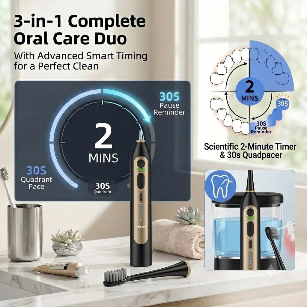 Cepillo de dientes eléctrico con hilo dental de agua, combo de cepillo de dientes mejorado para adultos, 5 velocidades y 3 modos, 30 días/carga para limpieza de dientes y eliminación de placa, dientes