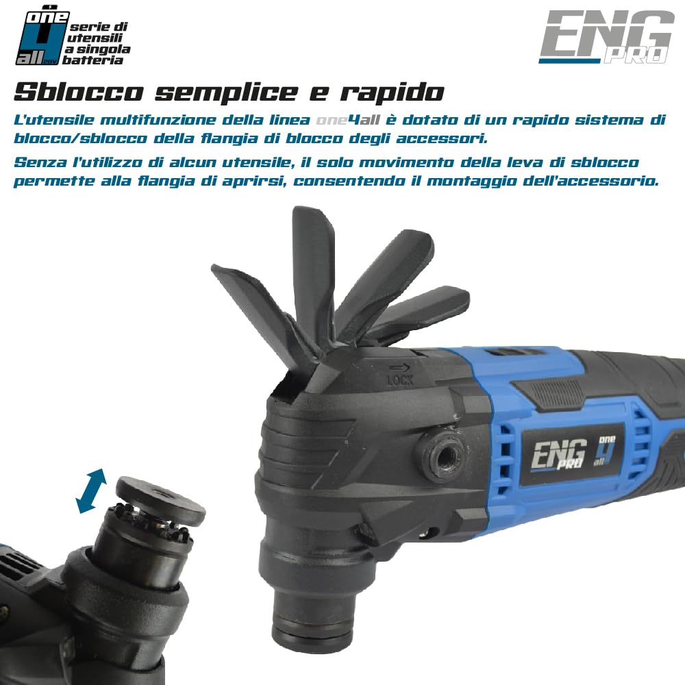 Utensile multifunzione - Linea professionale a Batteria ONE4ALL 20V - Velocità regolabile Max 20000 rpm - Accessori + Borsa Porta Utensili, 1 Batteria 4.0Ah e Caricabatteria inclusi - ENG PRO