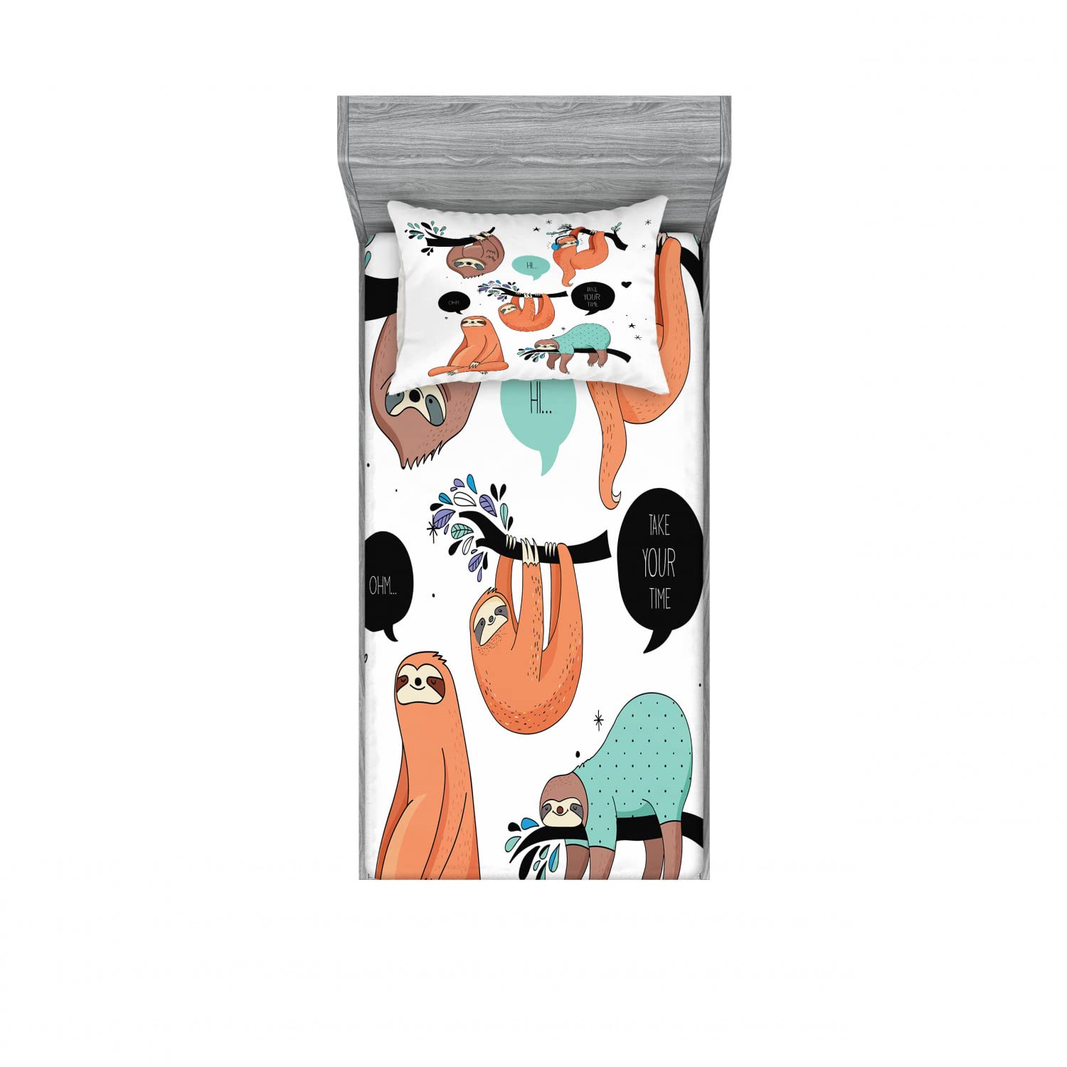 Ambesonne Animal 2 Pack Fitted Sheet & Pillow Sham Set, Smiling Sloth Cartoon, 4 Pcs Bedding Decor, Package Contains 2 Twin Size Fitted Sheets & 2 Pillow Covers, Salmon Teal