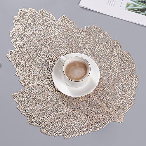 Hosoncovy Bladvormige placemats, set van 4, tafelmattenset, wasbare PVC antislip hittebestendige tafelmatten eetmatten blad holle decoratieve placemats voor thuis keuken eettafel (goud