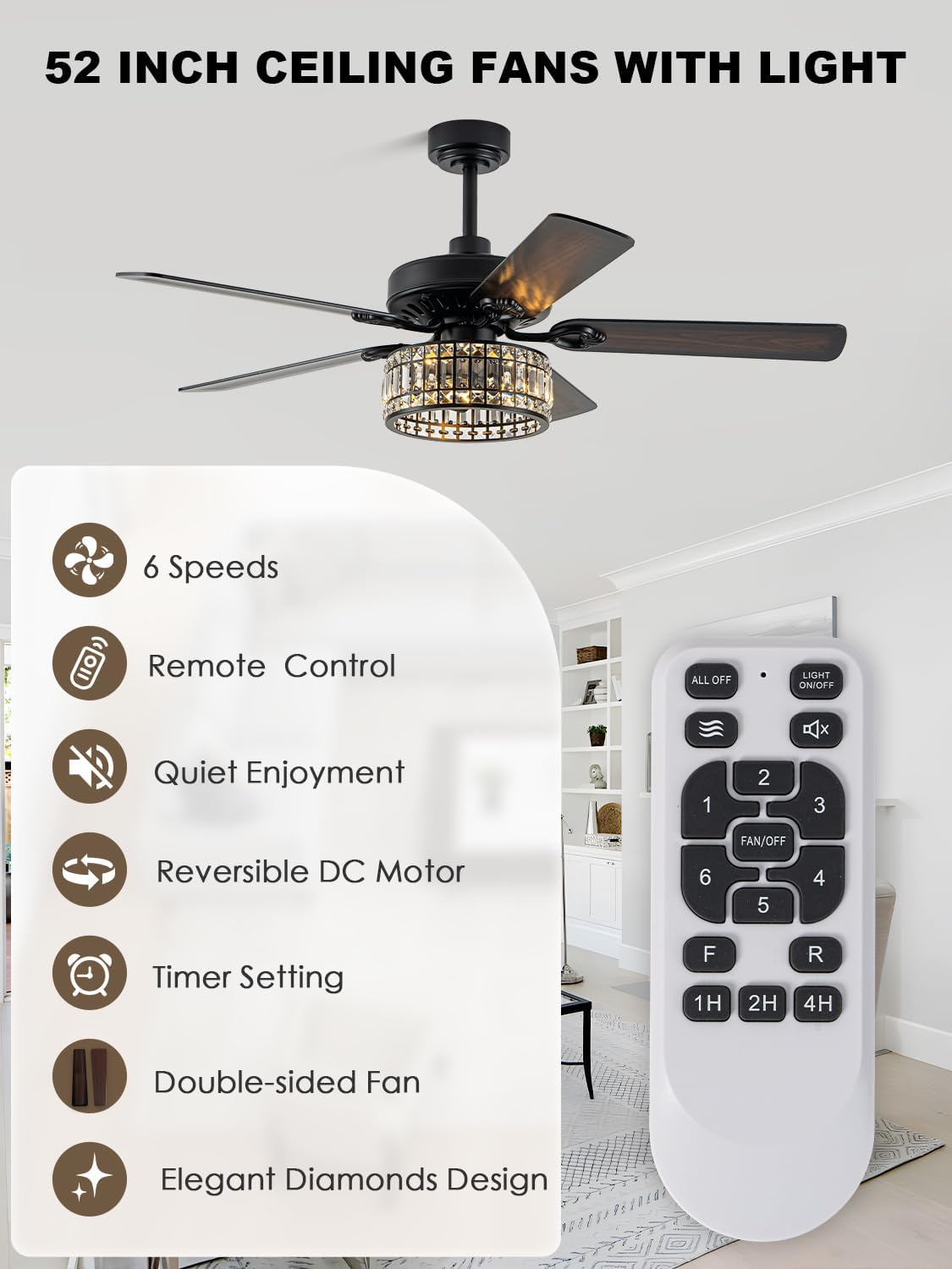 Bella Depot 52" Crystal Fandelier Ceiling Fan with Lights, Black Low Profile Modern Ceiling Fan, Quiet Reversible DC Motor, 6-Speed Remote Control for Living Room Bedroom Dining Room