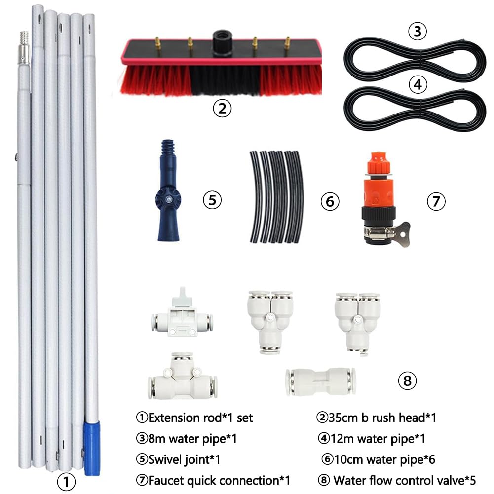 Teles Cepillo de techo de 3,9 m con tubo de agua y escoba de limpieza de ventanas alta, barra de limpieza extensible para paneles solares (35 cm, 8 m) - Ideal para zonas de difícil acceso