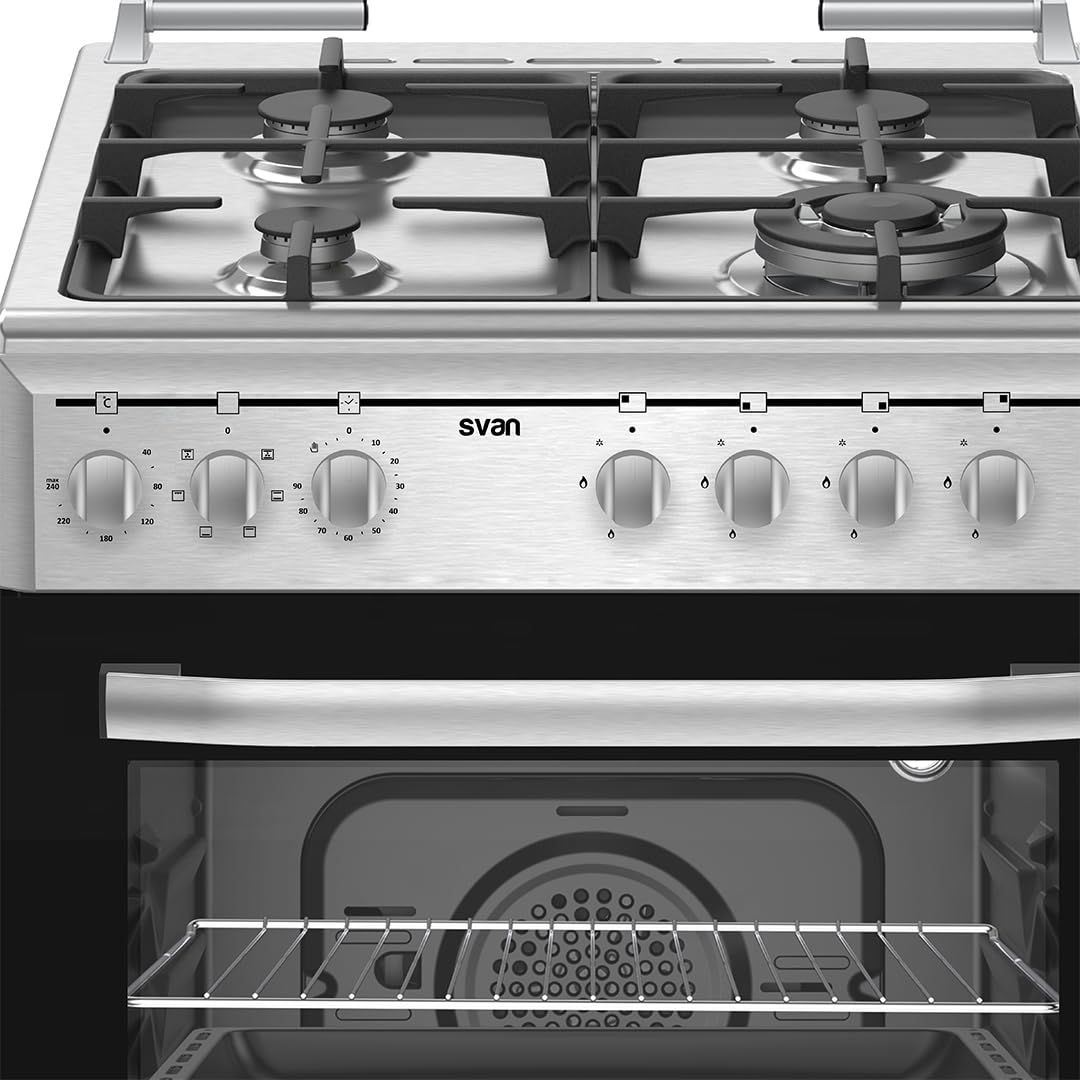 Svan Cocina Mixta gas Butano 4 Zonas Inox SKMW4600X. Quemador WOK triple llama, Kit Conversión Gas Natural, Acabado en Inox