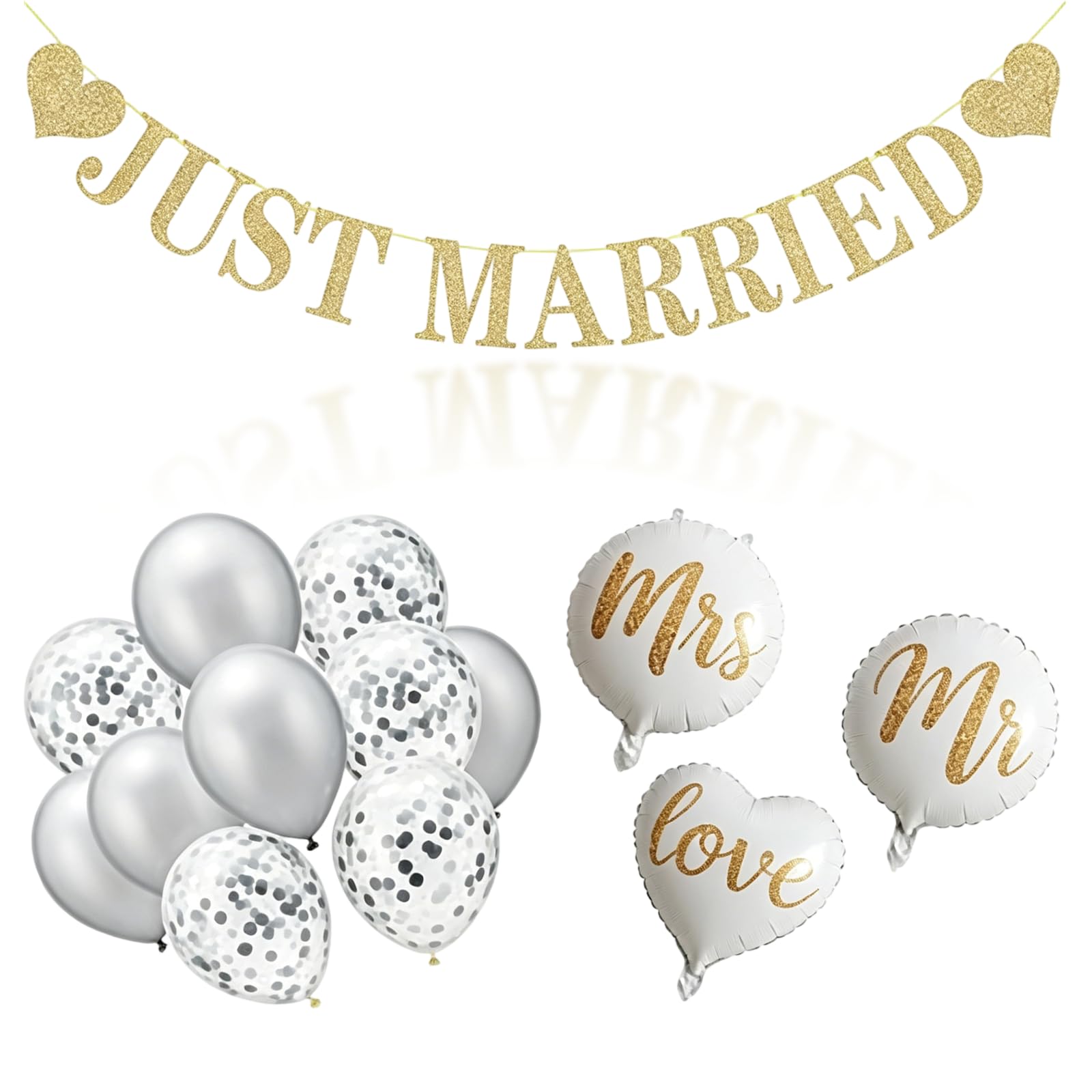 Just Married Decorations Set, and 1Pcs Champagne Gold Glitter Just Married Banner, 10 Silver Balloon, 3 White Balloon, Romantic Wedding Balloons, for Bridal Shower, Wedding Anniversary