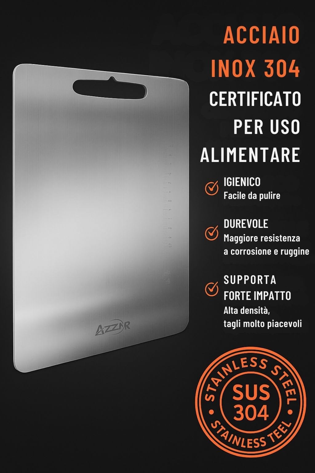 AZZAR Tagliere In Acciaio Inox Alimentare 304 con Righello 15 cm