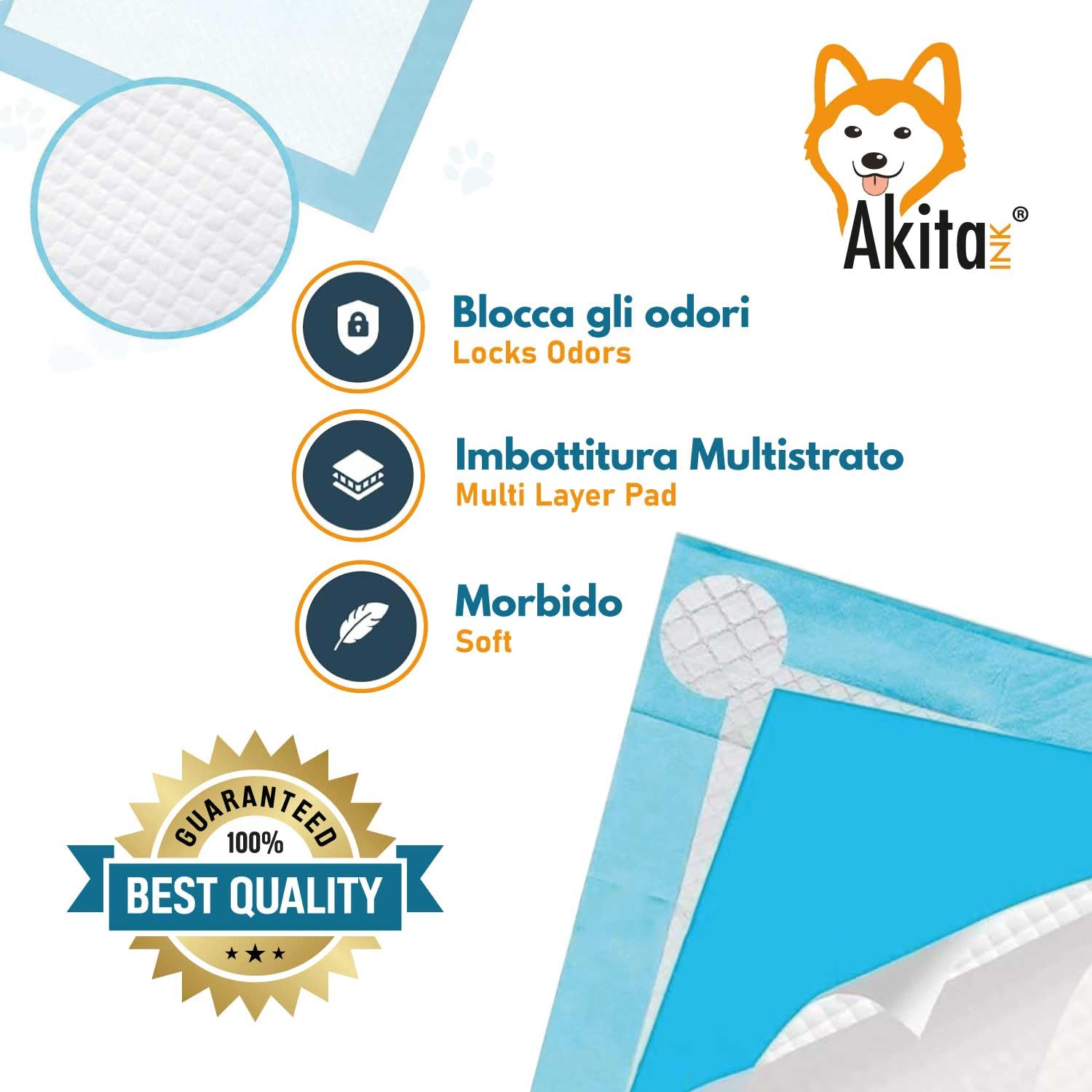 Akitaink - 120 Traverse per Animali Super Assorbenti - Dimensioni 60x60 cm - Tappetini Igienici per Cani e Gatti Multiuso (120 pz 60X60 cm)