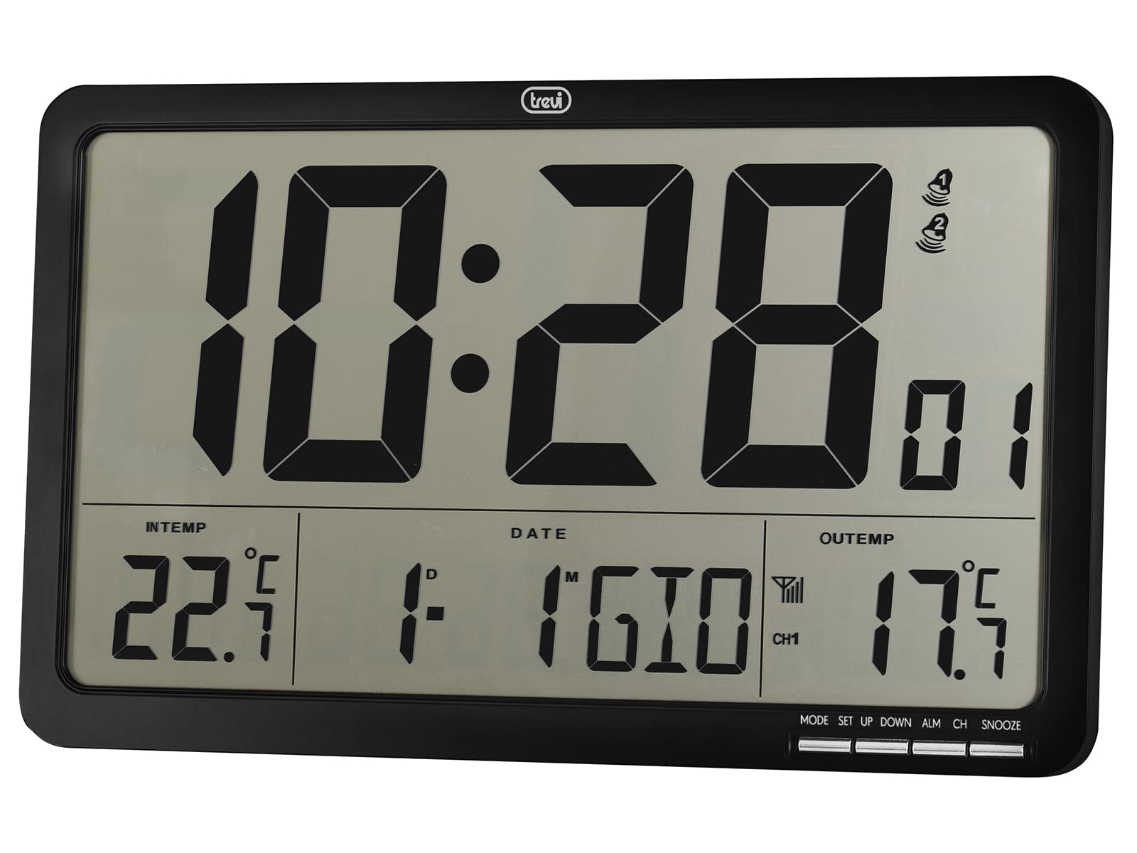 Trevi OM 3560 RC Orologio Digitale da Parete Radiocontrollato con Sensore Esterno, Sveglia Programmabile, Calendario, Termometro